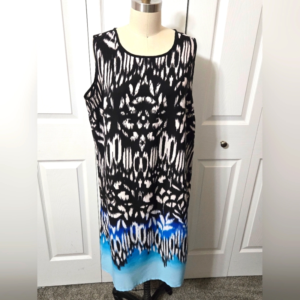 PostCards Blue White & Black Abstract Watercolor Design Dress, Size 10, EUC